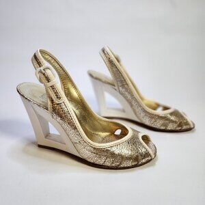 Sigerson Morrison Belle Women's Metallic Gold Wedge Peeptoe Heels Size 7B